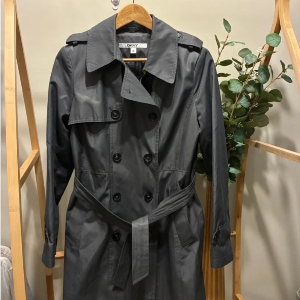 DKNY Charcoal Double-Breasted Trench Coat with Belt